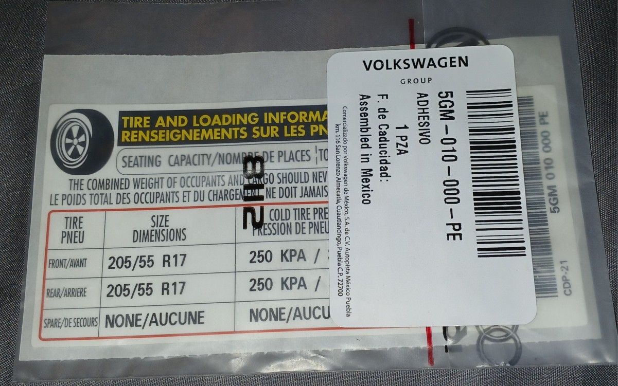 NEW OEM Volkswagen Tire & Loading Information Sticker Label Decal  5GM-010-000-PE