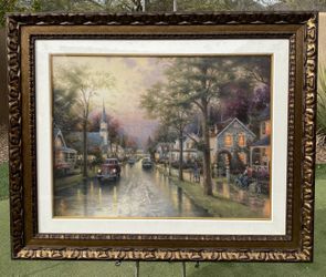 Thomas Kinkade "Hometown Morning"  Canvas 25" x 34" Lithograph Hand Highlighted Limited Edition Print