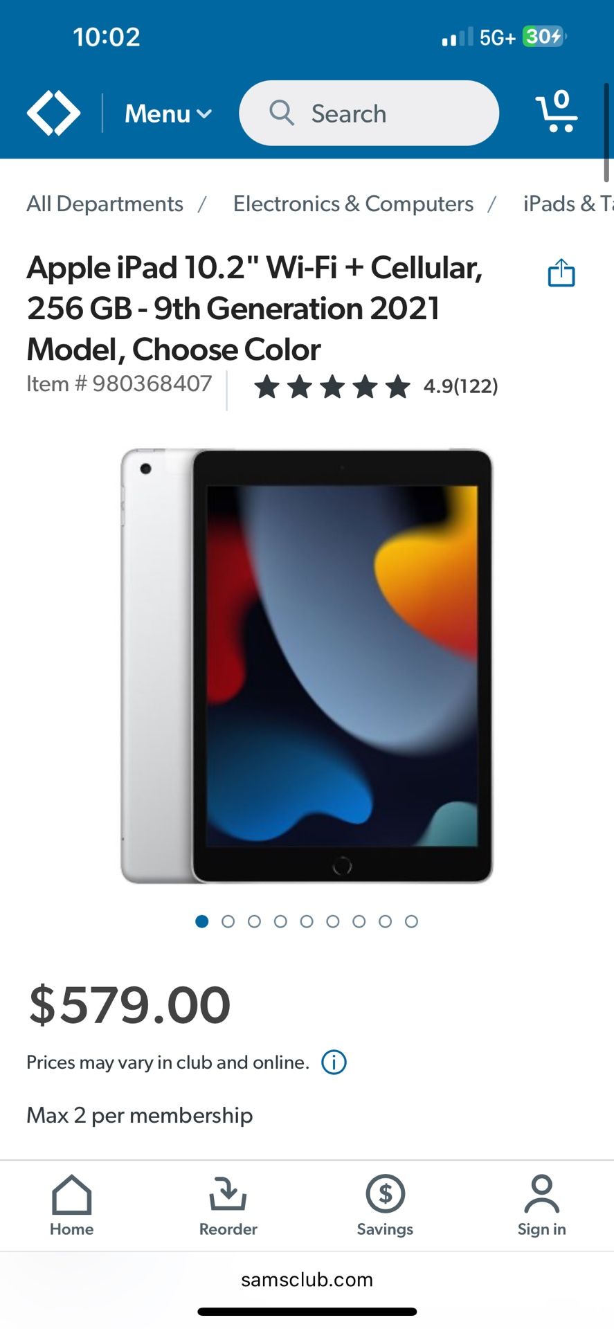 Apple iPad 10.2" Wi-Fi + Cellular, 256 GB - 9th Generation