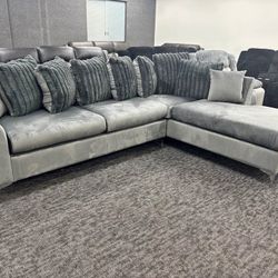 😍❄️ Brand New Grey Velvet L Shape Sectional Sofa W/ Pillows | Pay After Delivery 🚚