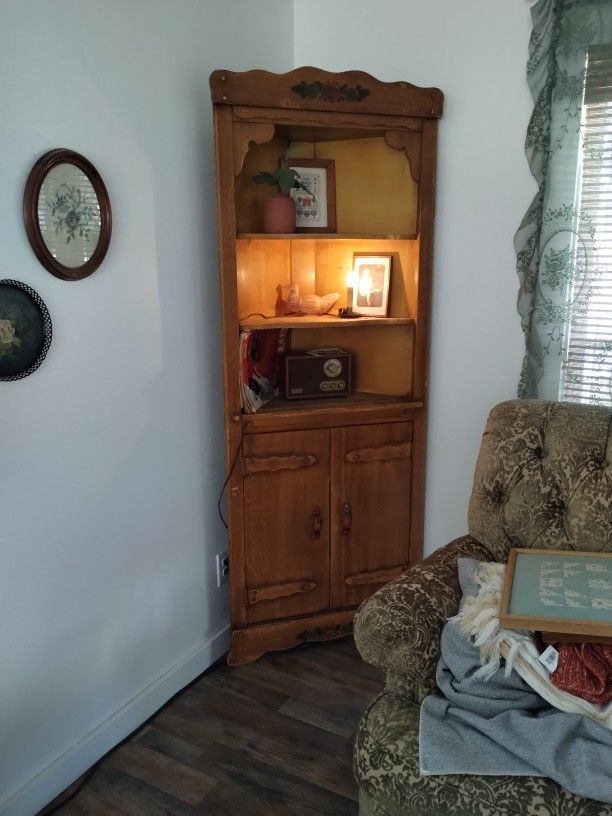 Two Antique Corner Cabinets With Storage And Shelves
