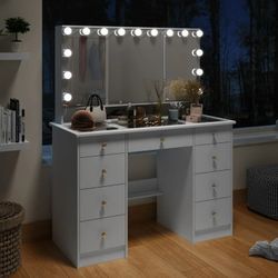 Modern Adult Vanity Table Set with Glass Top, Mirror, LED Lights, and 9 Drawers