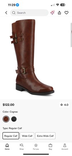 Women’s Knee High Riding Boots Cognac Brown Buckle Strap Regular Calf Low Heel Boots