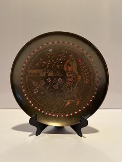 Vintage Hand-Etched And Painted Brass Decorative Wall Plate 8”D