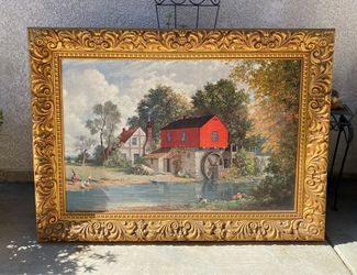 Vintage Red Watermill Print E. Thomas 51” x 27” Framed