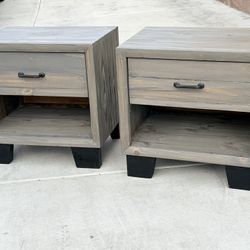 MCM solid pine grey wood nightstands with black handles