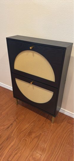 Mid Century Modern Black Shoe Cabinet Storage Rattan