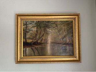 Original Creek Forest Tree River Oil Painting Gold Frame Wall Art