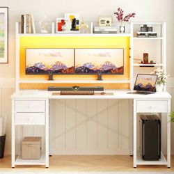 white gaming desk with storage shelves