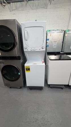 Upgrade your laundry space with this GE 24-inch electric laundry center in white. This unit combines a 2.3 cu. ft. top load washer and a 4.4 cu. ft. e