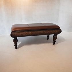 Brown Leather Upholstered Bench with Turned Legs