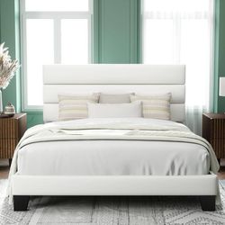 Full Size Platform Bed Frame with Velvet Upholstered Headboard and Wooden Slats 