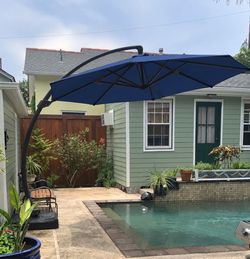 11 ft. Cantilever Patio Umbrella with Base, Aluminum Offset 360° Rotation Outdoor Umbrella, Navy Blue