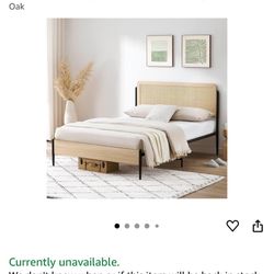 Curved Rattan Headboard and Wooden Footboard,Modern Platform Bed Frame