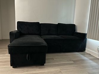 Black Corduroy Sectional Sofa with Storage Chaise