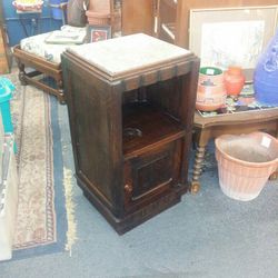 Antique Marble Top Oak Bed Side Stand Table