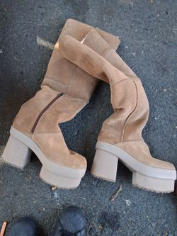 Tan Suede Platform Knee-High Boots