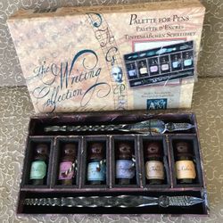 Glass Dip Fountain Pen Set, Palette For Pens Set of Two blown glass Pens with Six Inks VINTAGE