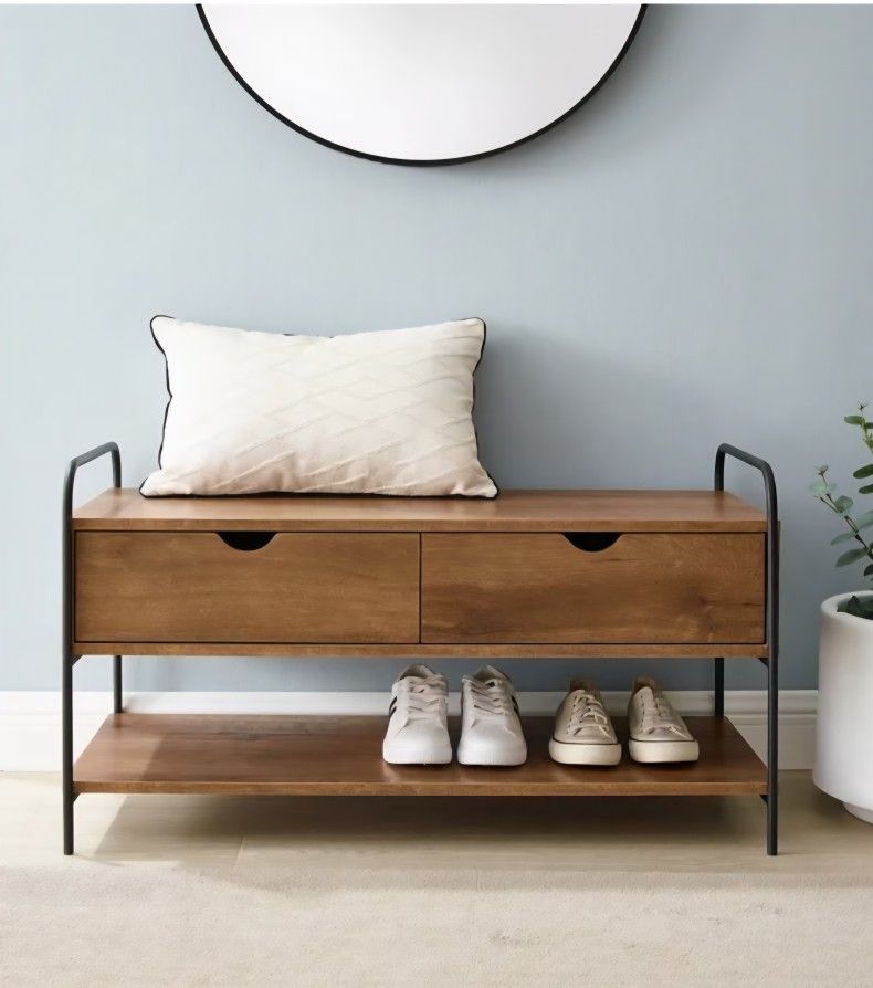 Walker Edison Alissa Two Drawer Entry Bench w/ Shoe Storage in Natural Walnut Brown, Contemporary & Modern