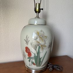 Vintage Asian White Iris Butterfly Hand Painted Glass Porcelain Lamps Signed