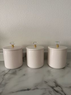 Set of 3 Beige Ceramic Canisters with Crystal Knobs