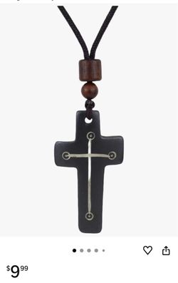 NEW Joddfly Handmade Tribal Cross Necklace, Black Bone Pendant with Brown Wooden Beads, Adjustable Cord 25.6 Inches, Religious Jewelry