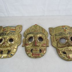 Lot Of 3 Vintage Hand Carved Wooden Thailand Folk Art Tribal Mask


