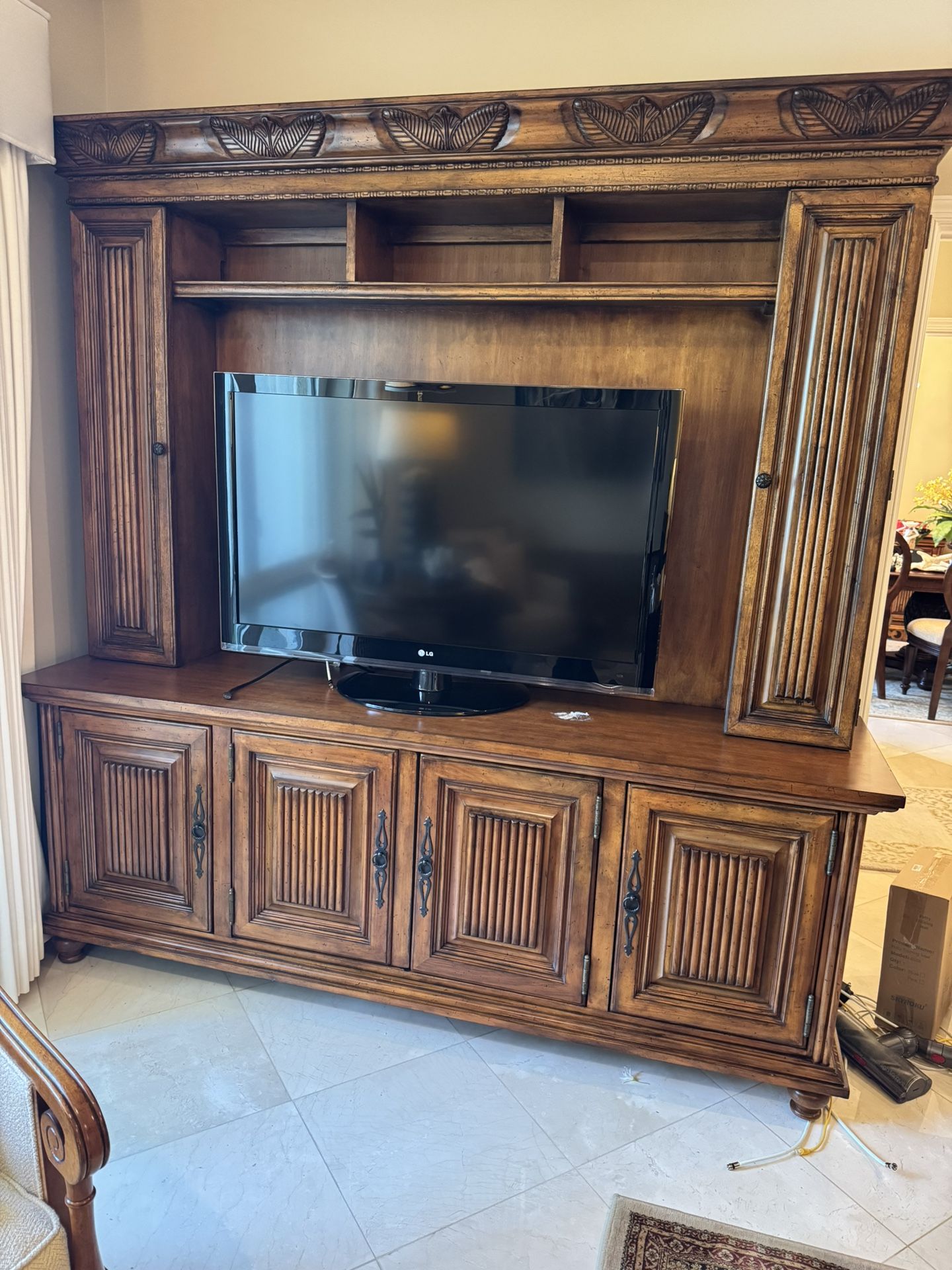 Tommy Bahama Home Entertainment Wall Unit – Solid Wood, Carved Detail