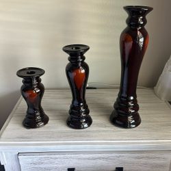 3 Set  Brown Vase Candle Holder Decor