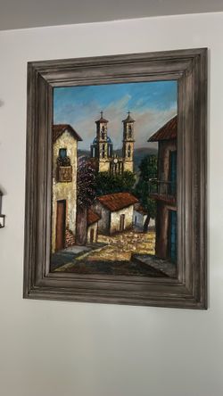 Framed Oil Painting of Colonial Village Street Scene