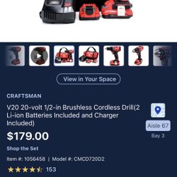 CRAFTSMAN  20-volt 1/2-in Brushless Cordless Drill(2 Li-ion Batteries Included and Charger Included)