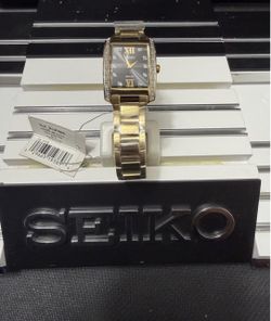 NEW Seiko SUP406 Solar Black Dial 28 Diamond Gold-Tone Ladies Watch