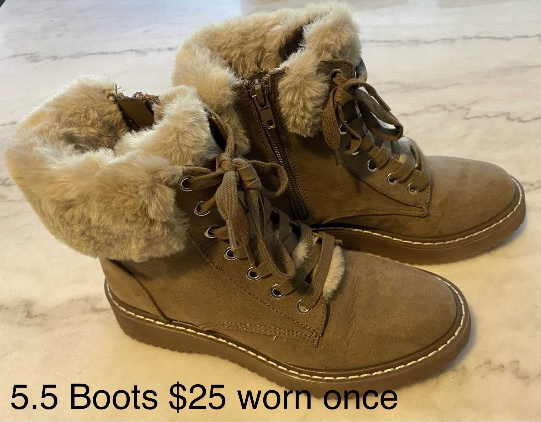 Tan Boots W/ Fur Around Ankle! (Worn Once Inside)  Sz 5.5  $25