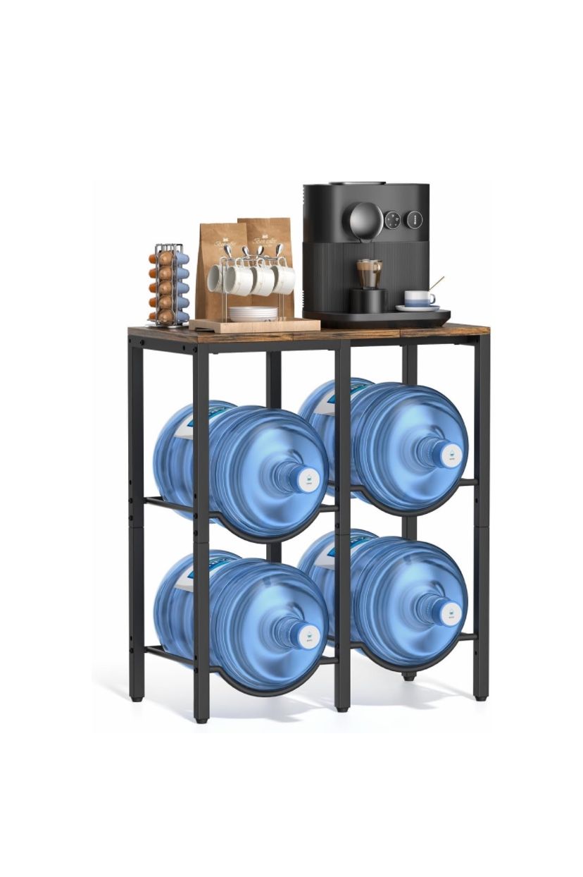 5 Gallon Water Jug Holder, 3-Tier Water Jug Stand with Extended Wood Tabletop Shelf, 4 Slots 5 Gal Water Bottle Holder Storage Rack with Water Dispens