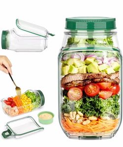 Salad Jar with Side Opening,Leakproof Portable Salad Container with Dressing Compartment,Reusable Home, Office, Travel, Outdoor Salad Container for Lu