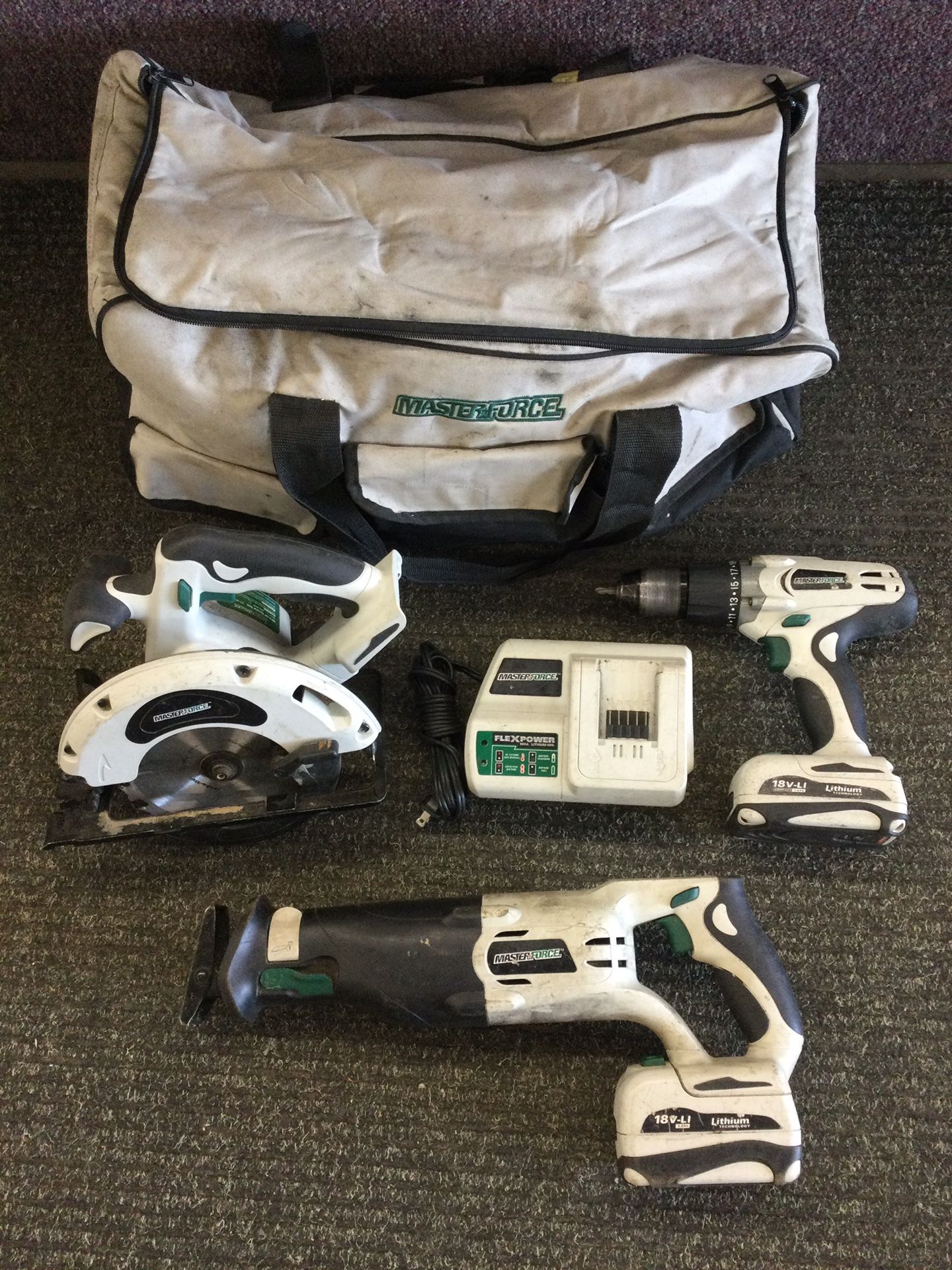 Cordless 18V 3 Tool Combo Kit MASTERFORCE Lithium Reciprocating & Circular Saws + Drill + 2-batteries + Charger + Bag