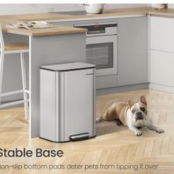 Kitchen Trash Can, 13-Gallon (50 L) Garbage Can with Lid, Stainless Steel, Soft Close and Stays Open, Inner Bucket, Wide Non-Slip Pedal, Metallic Silv