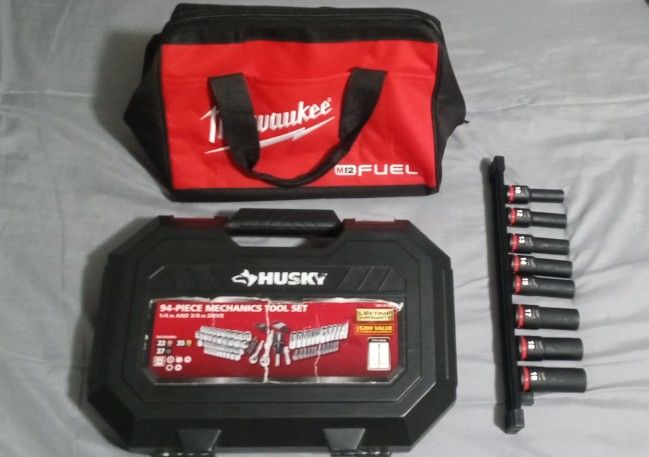 Milwaukee Sockets And Tool Bag, And Husky Tool Box Kit
