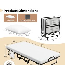 Space-Saving Rollaway Bed with Memory Foam Mattress for Adults, 75" × 31"