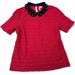 ✨RARE ELLE RED TOP RED SEQUIN KNIT PEPLUM COLLAR PEARLS✨