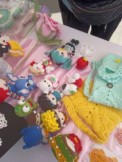 Handmade knitted dolls earrings and bags
