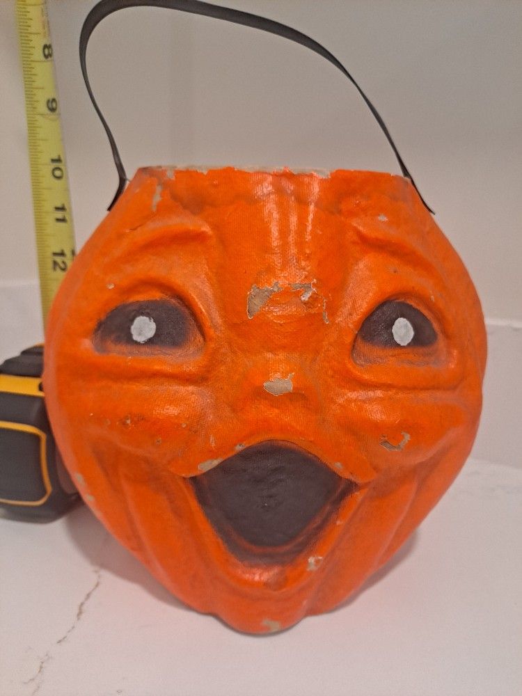 Vintage Paper Mache Halloween Jack O Lantern Bucket