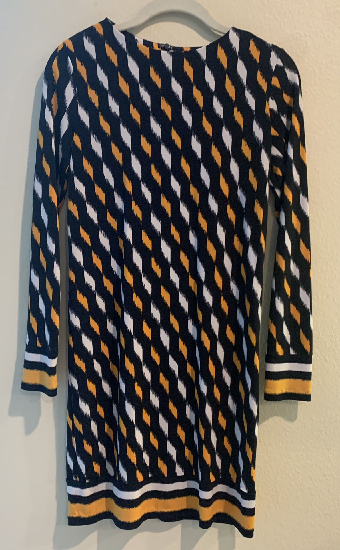 Michael Kors Dress XS Small Black Yellow White Long Sleeve Stretch Washable 