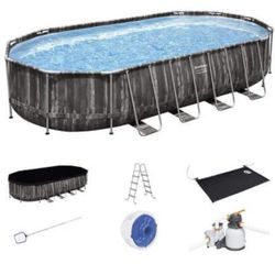 Bestway Power Steel 22’ x 12’ x 48’’ Above Ground Oval Pool Set w/Ladder, Cover, Filter Pump, Replacement Cartridge, Repair Patch