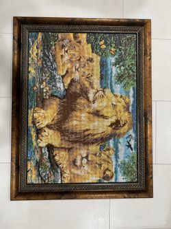Hand Embroidered Framed Wall Picture ‘Lion Family’