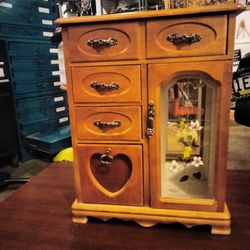 Vintage Jewelry Box Armoire Chest Photo Frame Stained Wood Faux Stained Glass Door 4 Drawers