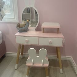 Adorable Bunny Ear Kids Vanity Set with Mirror & Chair - Excellent Condition