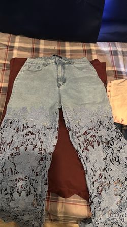 Light Wash Denim Jeans with Lace Hem