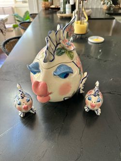 Blue sky, clay Works, floral, Kissy Fish, ceramic cookie jar & salt/pepper shaker