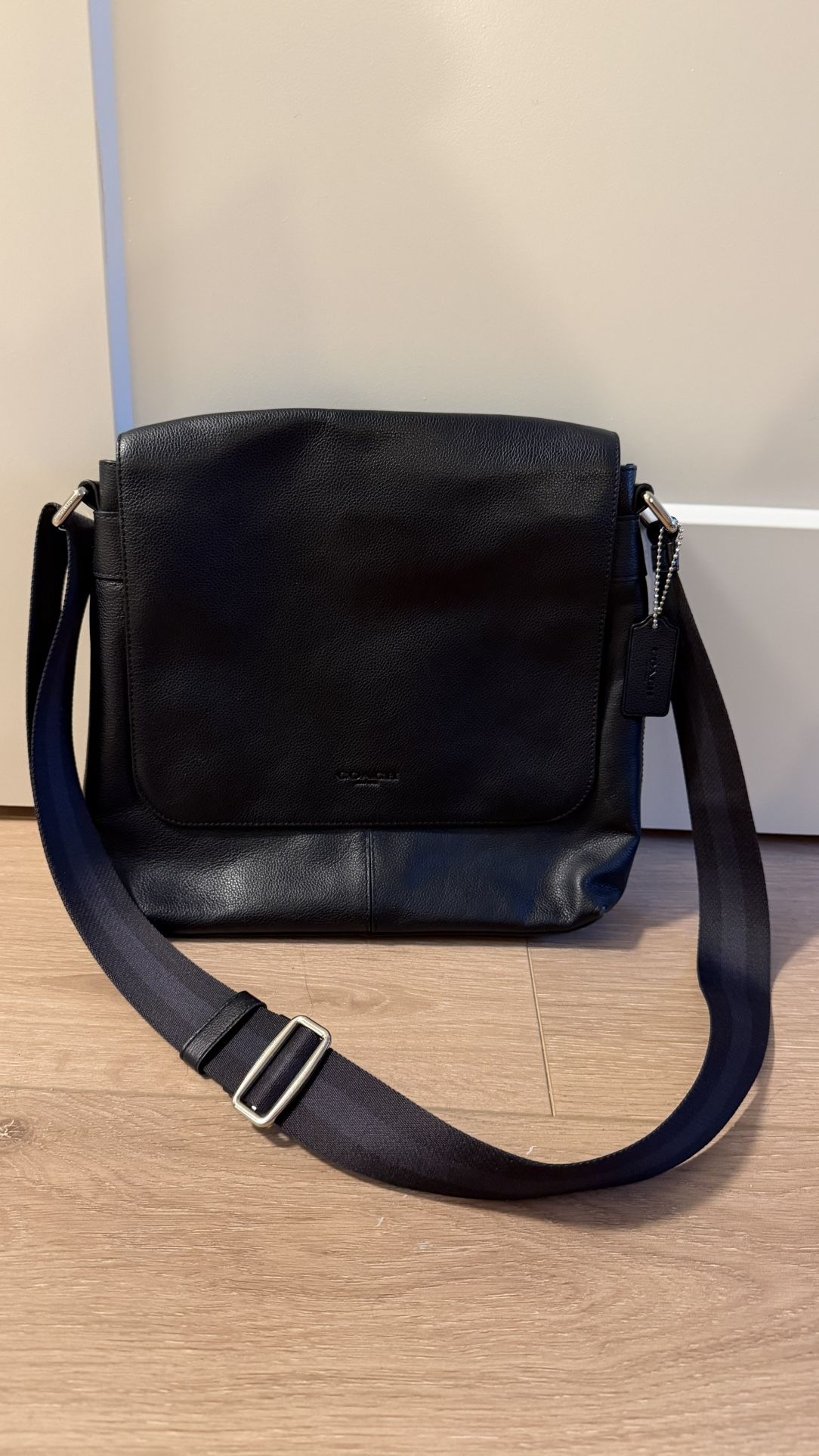 Coach F28576 Charles Black Pebbled Leather Small Messenger Crossbody Bag